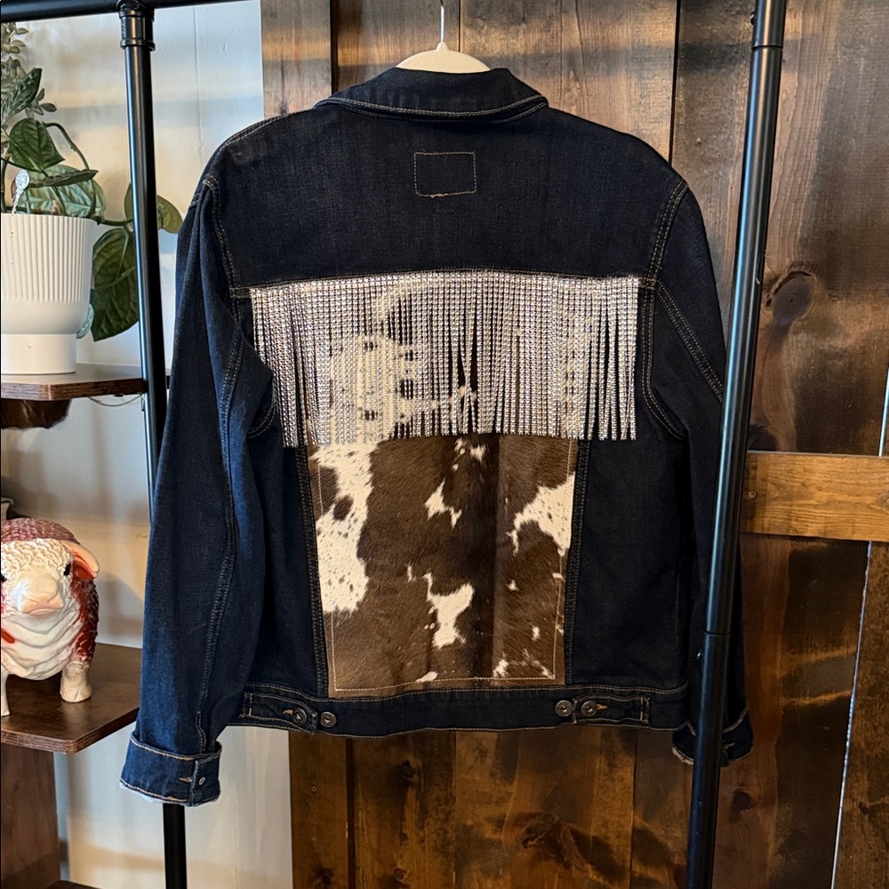Dark Denim Jacket with Rhinestone Fringe & Brown White Cowhide Panel